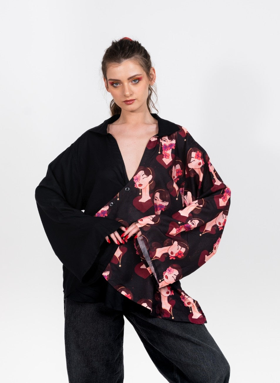 Deep neck collared half and half black shirt with Eastern Belle variation 1 print flap