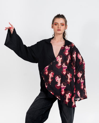 Deep neck collared half and half black shirt with Eastern Belle variation 1 print flap