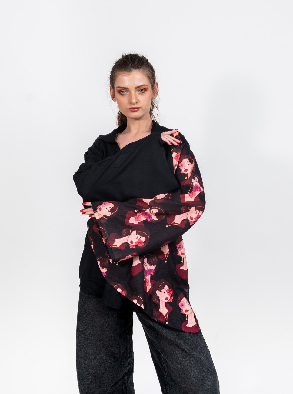 Deep neck collared half and half black shirt with Eastern Belle variation 1 print flap