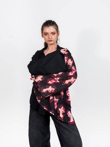 Deep neck collared half and half black shirt with Eastern Belle variation 1 print flap