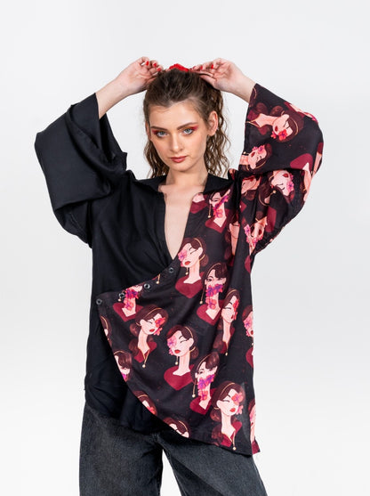 Deep neck collared half and half black shirt with Eastern Belle variation 1 print flap