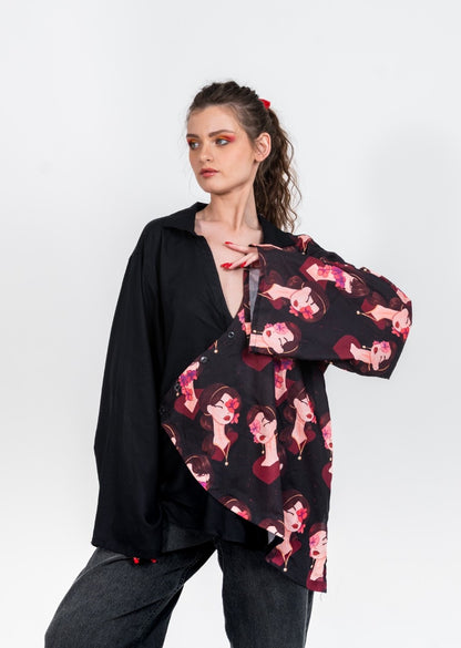 Deep neck collared half and half black shirt with Eastern Belle variation 1 print flap