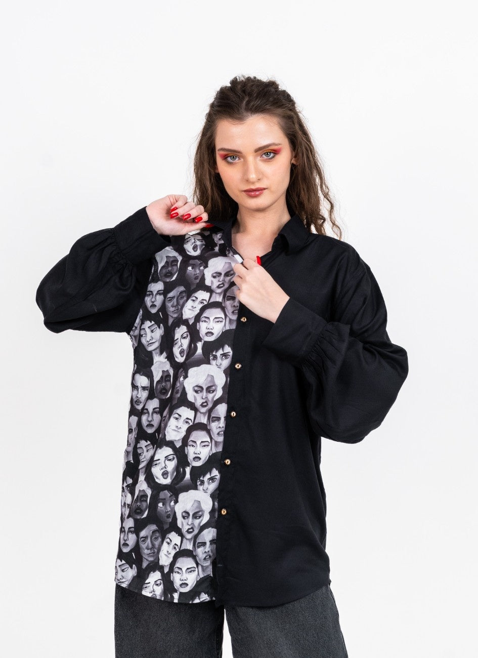 Half and half all in it together variation 2 print and black shirt with normal collar and gathered full sleeved shirt