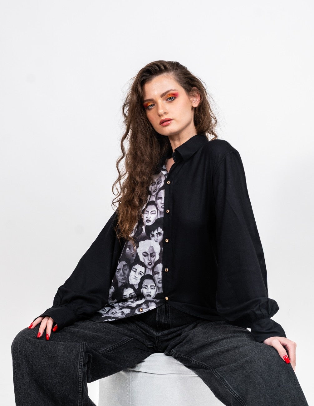 Half and half all in it together variation 2 print and black shirt with normal collar and gathered full sleeved shirt