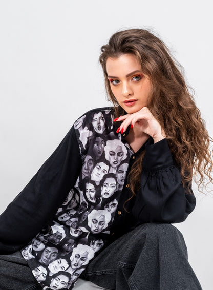 Half and half all in it together variation 2 print and black shirt with normal collar and gathered full sleeved shirt