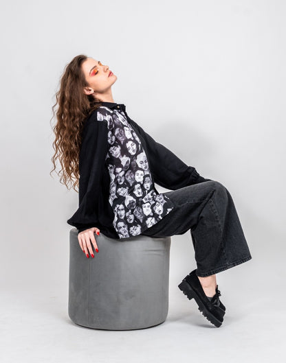 Half and half all in it together variation 2 print and black shirt with normal collar and gathered full sleeved shirt