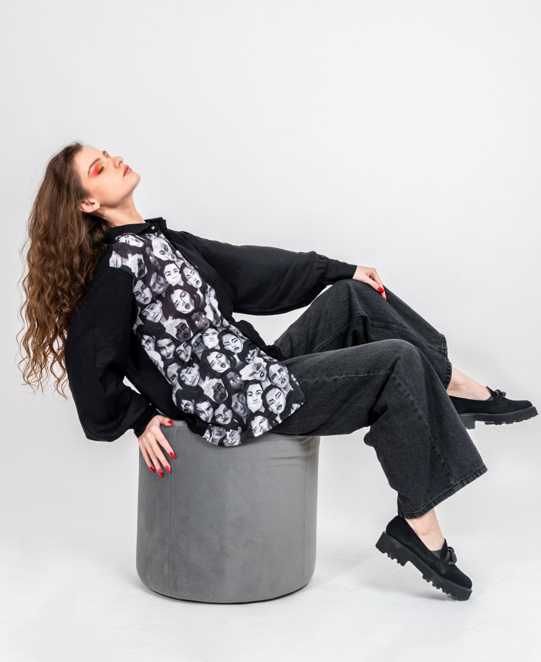 Half and half all in it together variation 2 print and black shirt with normal collar and gathered full sleeved shirt