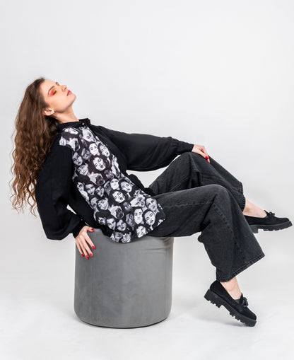 Half and half all in it together variation 2 print and black shirt with normal collar and gathered full sleeved shirt