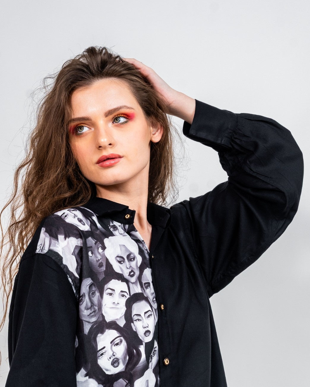 Half and half all in it together variation 2 print and black shirt with normal collar and gathered full sleeved shirt