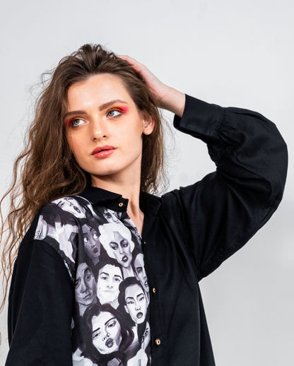 Half and half all in it together variation 2 print and black shirt with normal collar and gathered full sleeved shirt