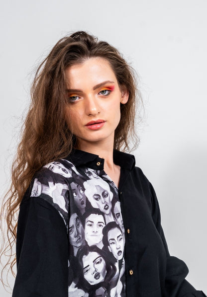 Half and half all in it together variation 2 print and black shirt with normal collar and gathered full sleeved shirt