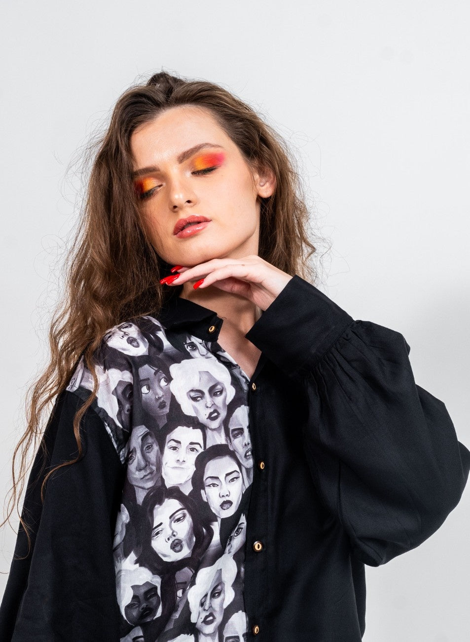 Half and half all in it together variation 2 print and black shirt with normal collar and gathered full sleeved shirt