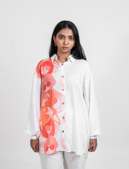Half and Half topsy turvy variation 3 orange tone and white shirt for women with puff long sleeves