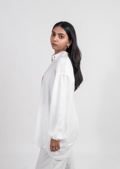 Half and Half topsy turvy variation 3 orange tone and white shirt for women with puff long sleeves