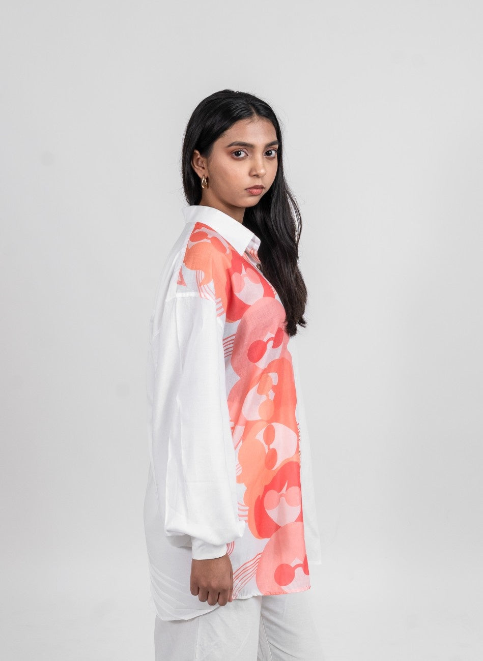 Half and Half topsy turvy variation 3 orange tone and white shirt for women with puff long sleeves