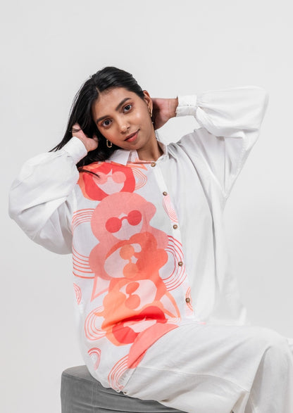 Half and Half topsy turvy variation 3 orange tone and white shirt for women with puff long sleeves