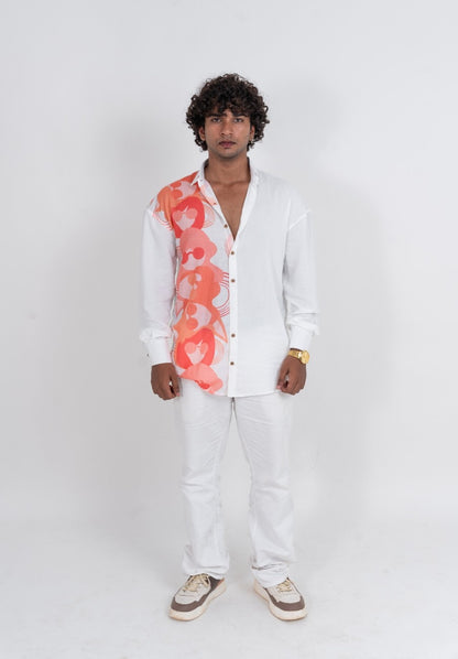 Half and Half topsy turvy variation 3 orange tone and white long sleeved shirt for Men