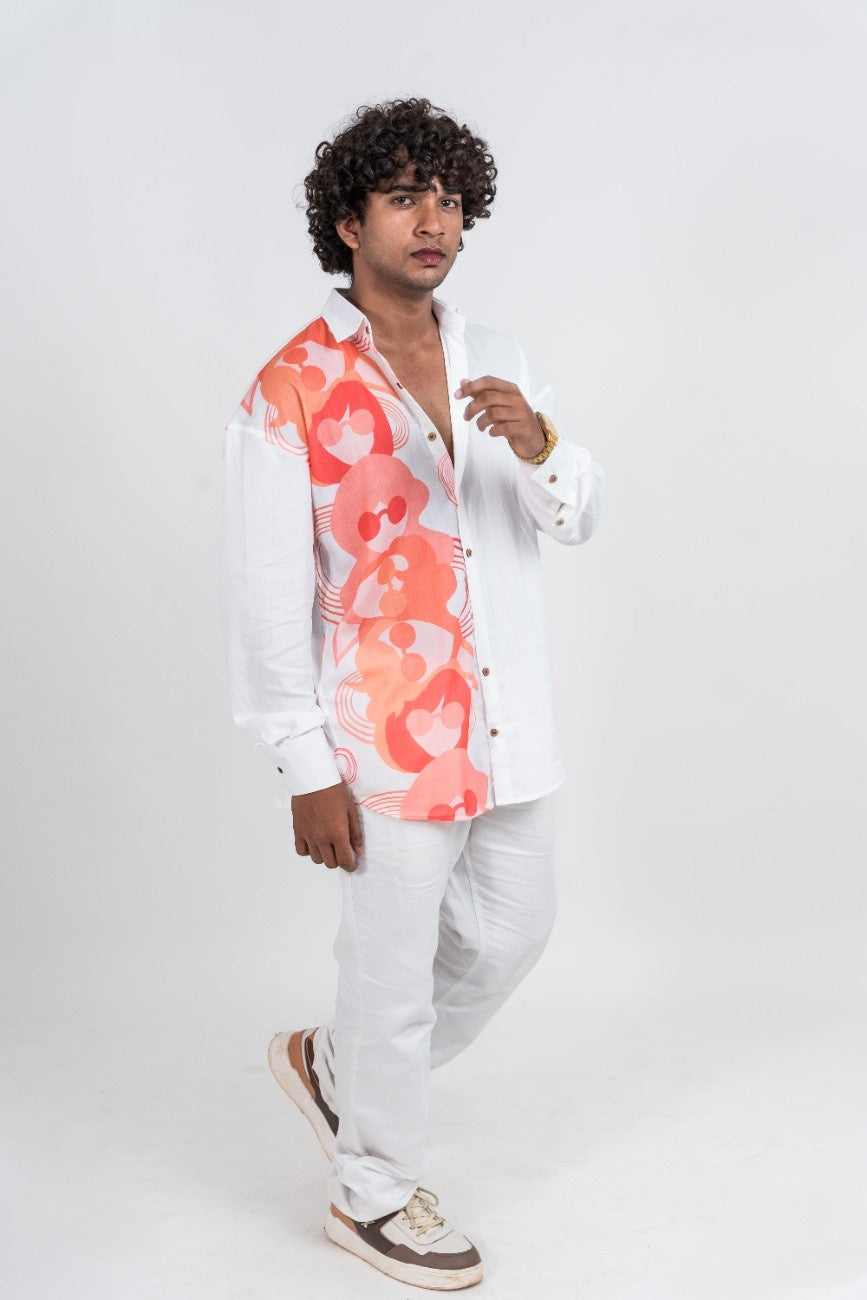Half and Half topsy turvy variation 3 orange tone and white long sleeved shirt for Men