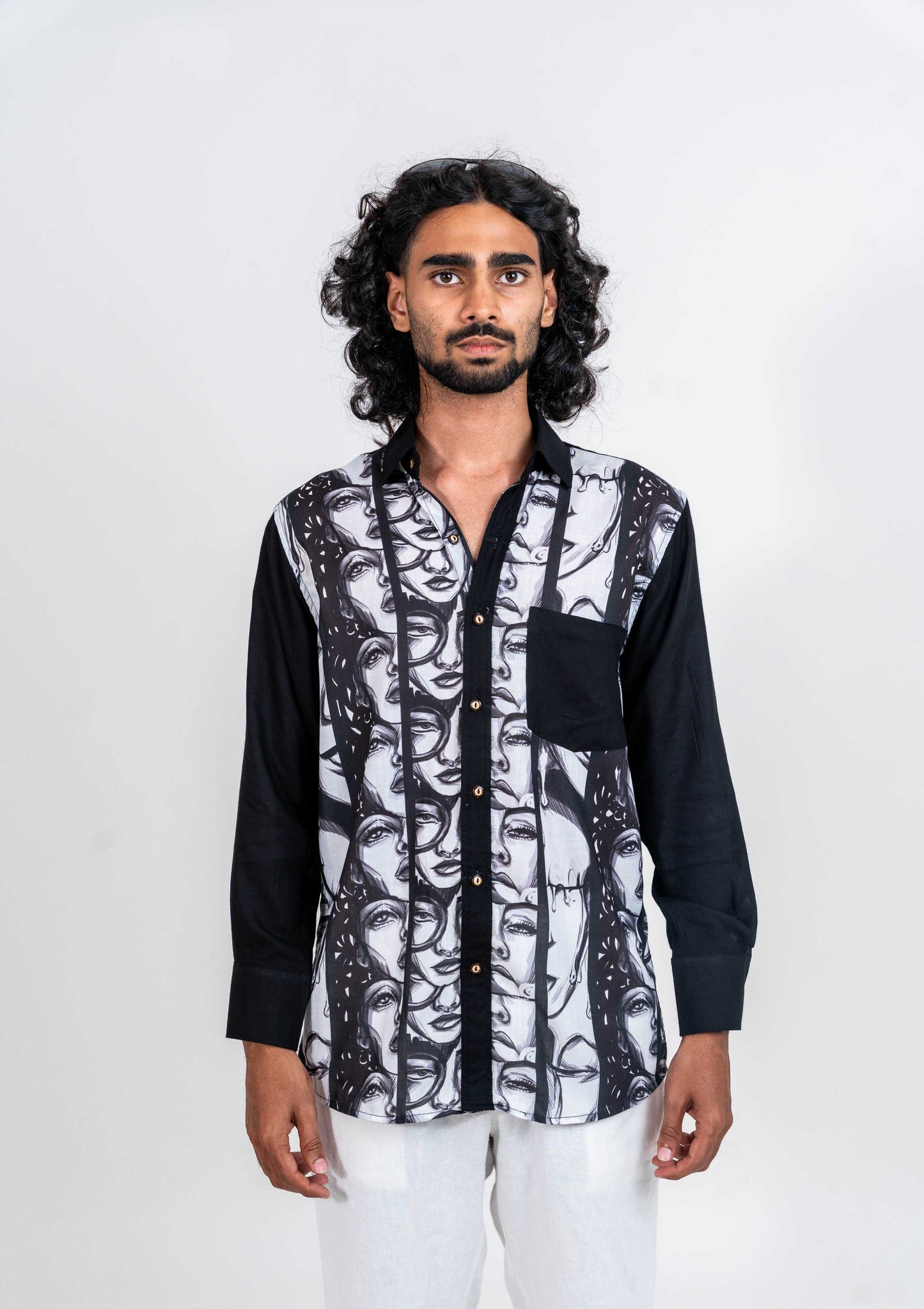 Super strips women variation 3 black and white printed shirt with black pocket, normal collar and soft cuff full sleeved shirt