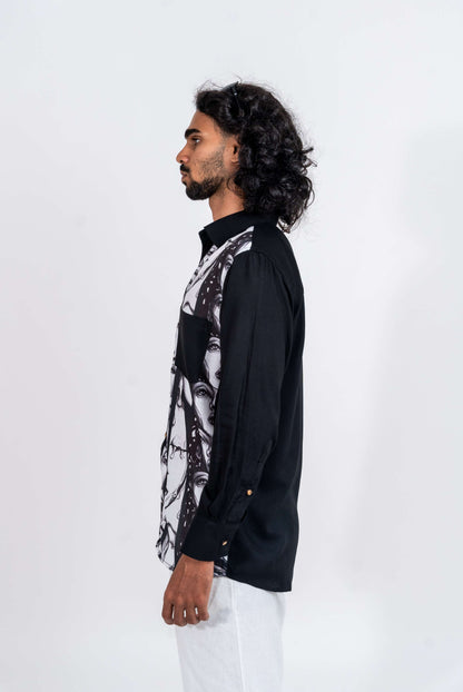Super strips women variation 3 black and white printed shirt with black pocket, normal collar and soft cuff full sleeved shirt