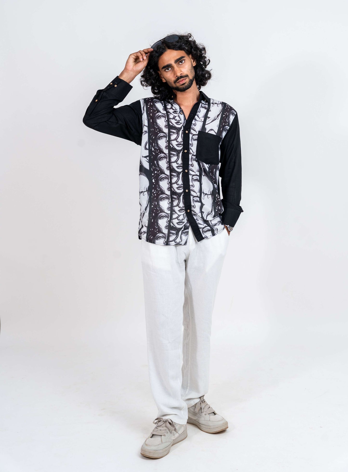 Super strips women variation 3 black and white printed shirt with black pocket, normal collar and soft cuff full sleeved shirt