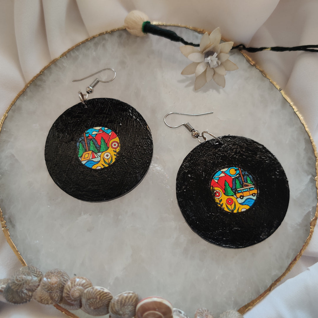 Vinyl Record with Artsy Scenery Earrings