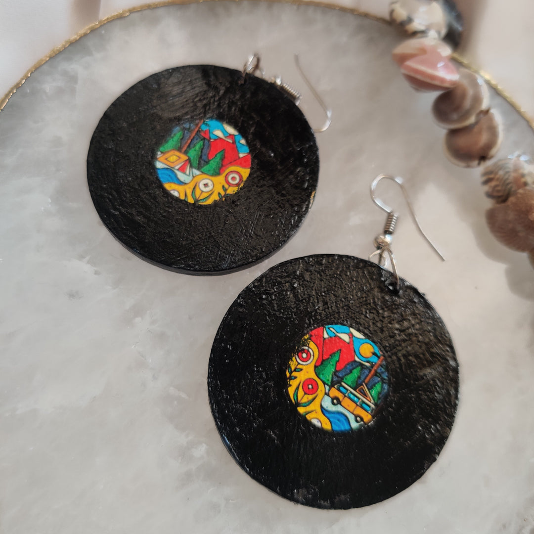 Vinyl Record with Artsy Scenery Earrings