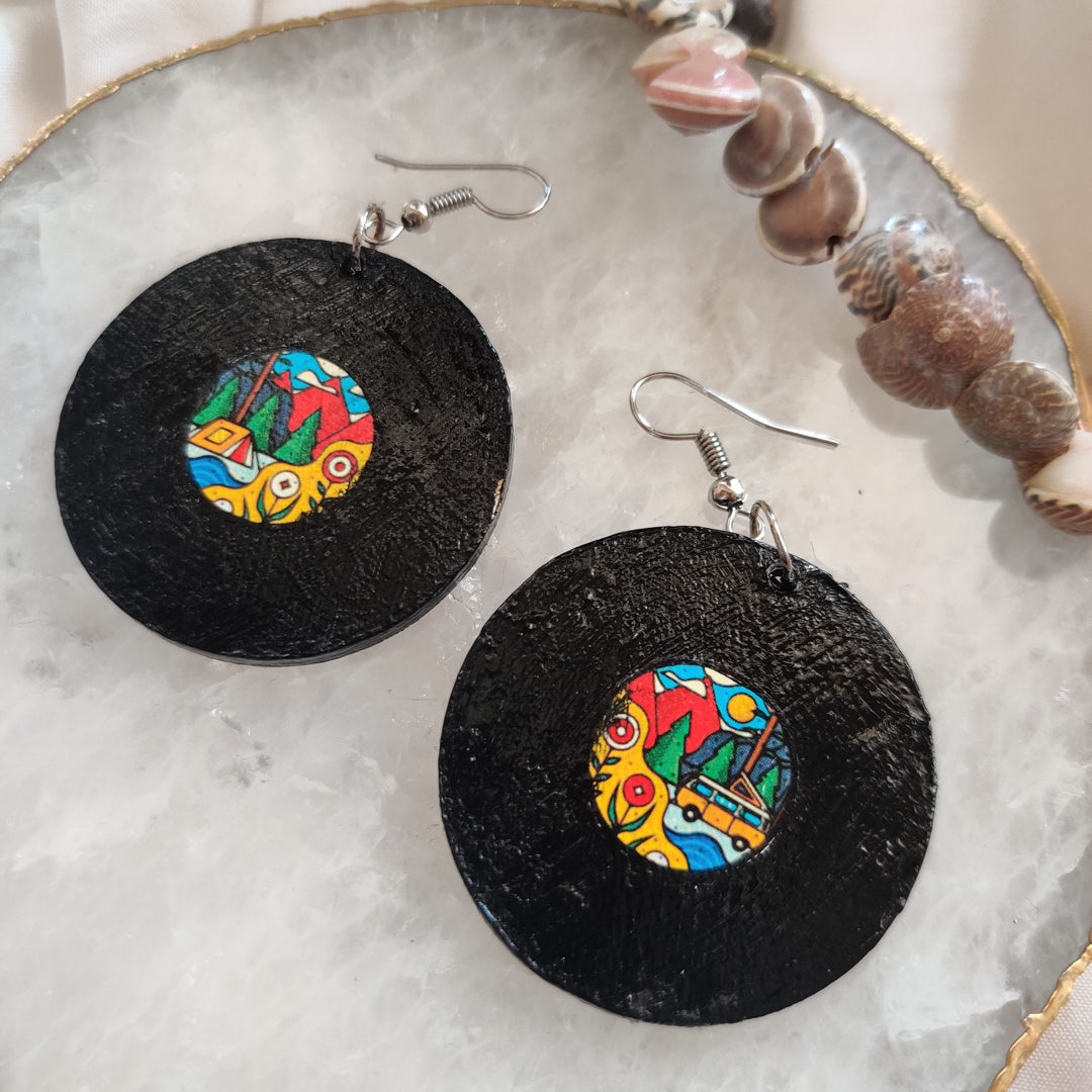 Vinyl Record with Artsy Scenery Earrings