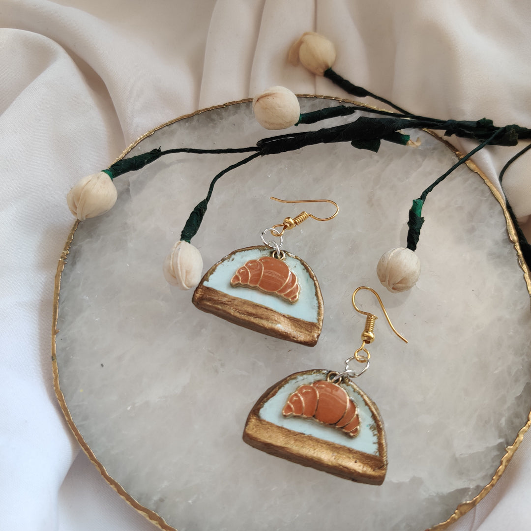 Handmade Croissants on a Tray earrings.