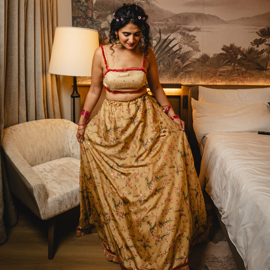 Dull gold with pink floral Lehenga