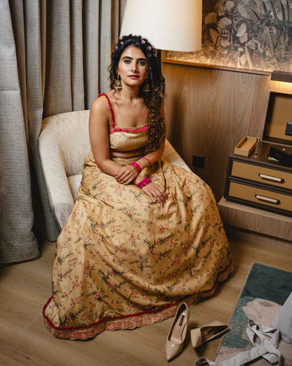 Dull gold with pink floral Lehenga