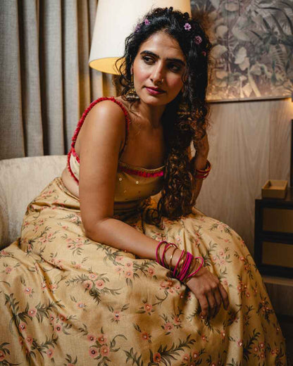Dull gold with pink floral Lehenga