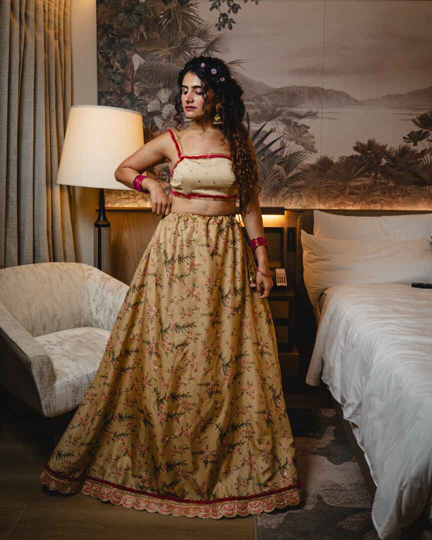 Dull gold with pink floral Lehenga