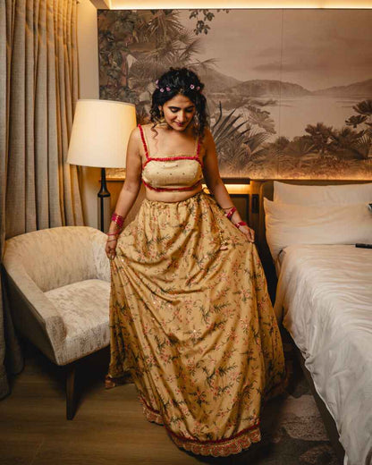 Dull gold with pink floral Lehenga
