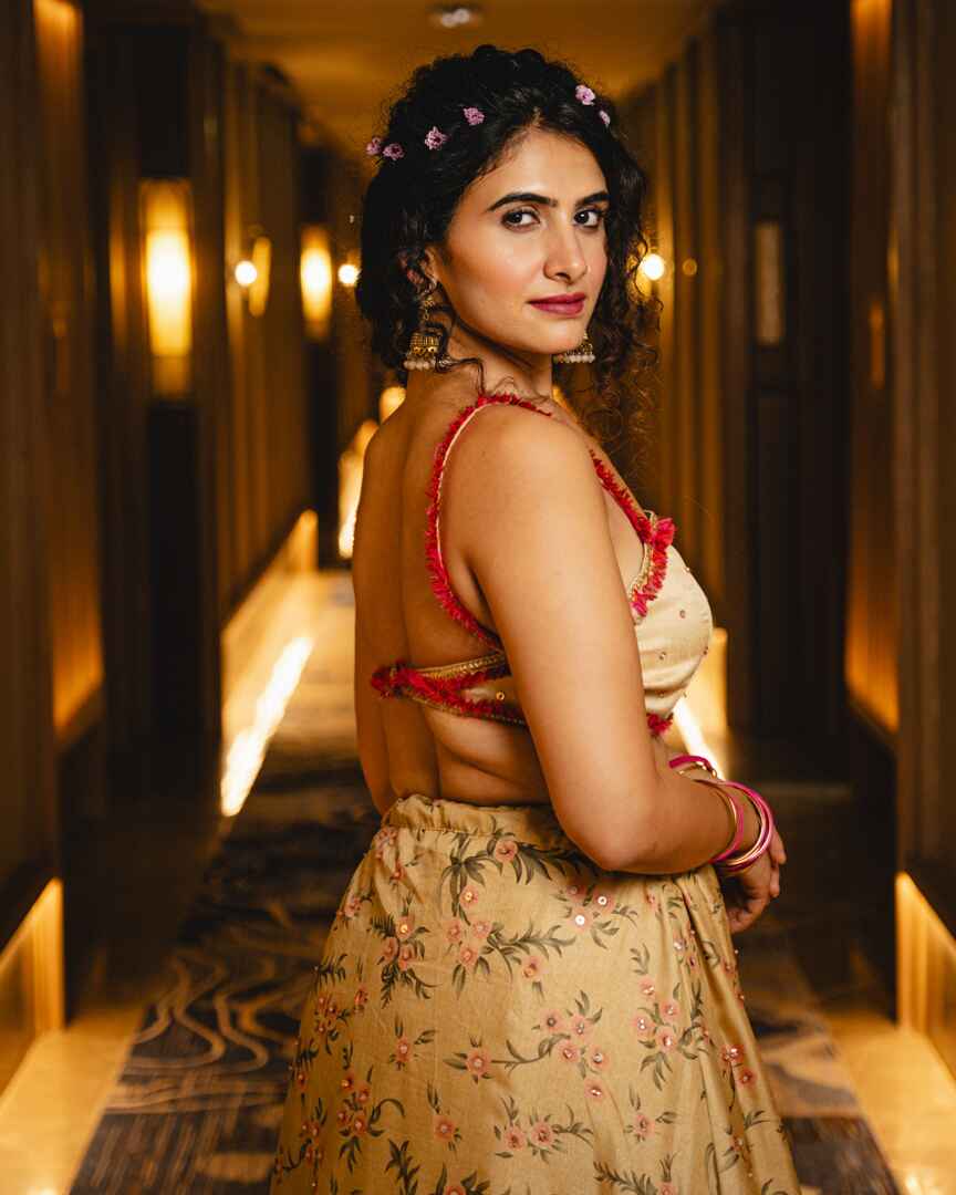 Dull gold with pink floral Lehenga