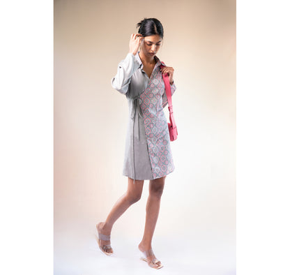 Grey rayon and cotton tie up dress half and half circle pink print