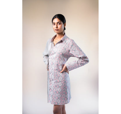 Grey rayon and cotton tie up dress half and half circle pink print