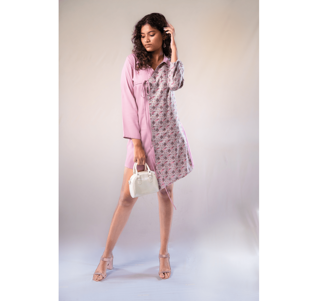 Pink rayon and cotton tie up dress half and half pink paisley print