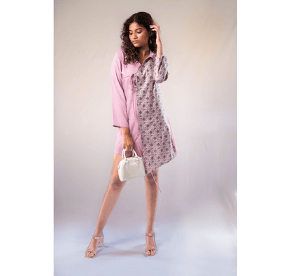 Pink rayon and cotton tie up dress half and half pink paisley print