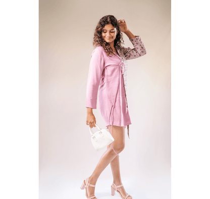 Pink rayon and cotton tie up dress half and half pink paisley print