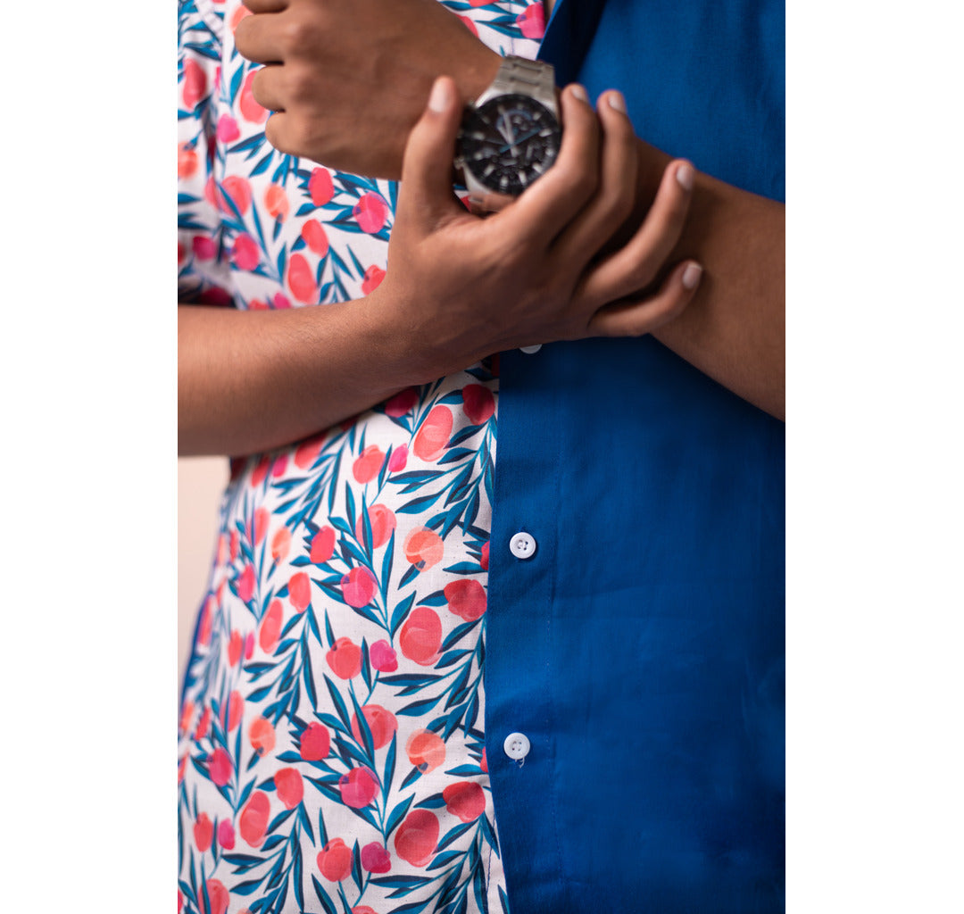 Blue half and half plain and red floral half sleeves shirt