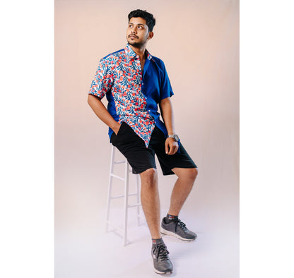 Blue half and half plain and red floral half sleeves shirt