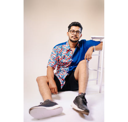 Blue half and half plain and red floral half sleeves shirt
