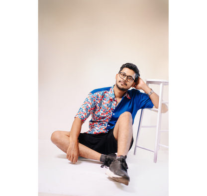 Blue half and half plain and red floral half sleeves shirt