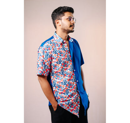 Blue half and half plain and red floral half sleeves shirt
