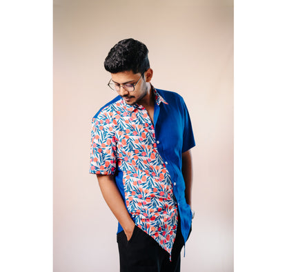 Blue half and half plain and red floral half sleeves shirt
