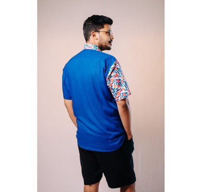 Blue half and half plain and red floral half sleeves shirt
