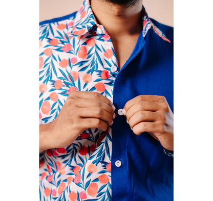 Blue half and half plain and red floral half sleeves shirt