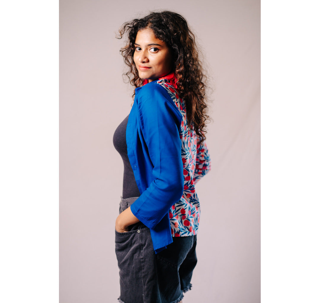 Blue half and half plain and red floral full sleeves women's shirt