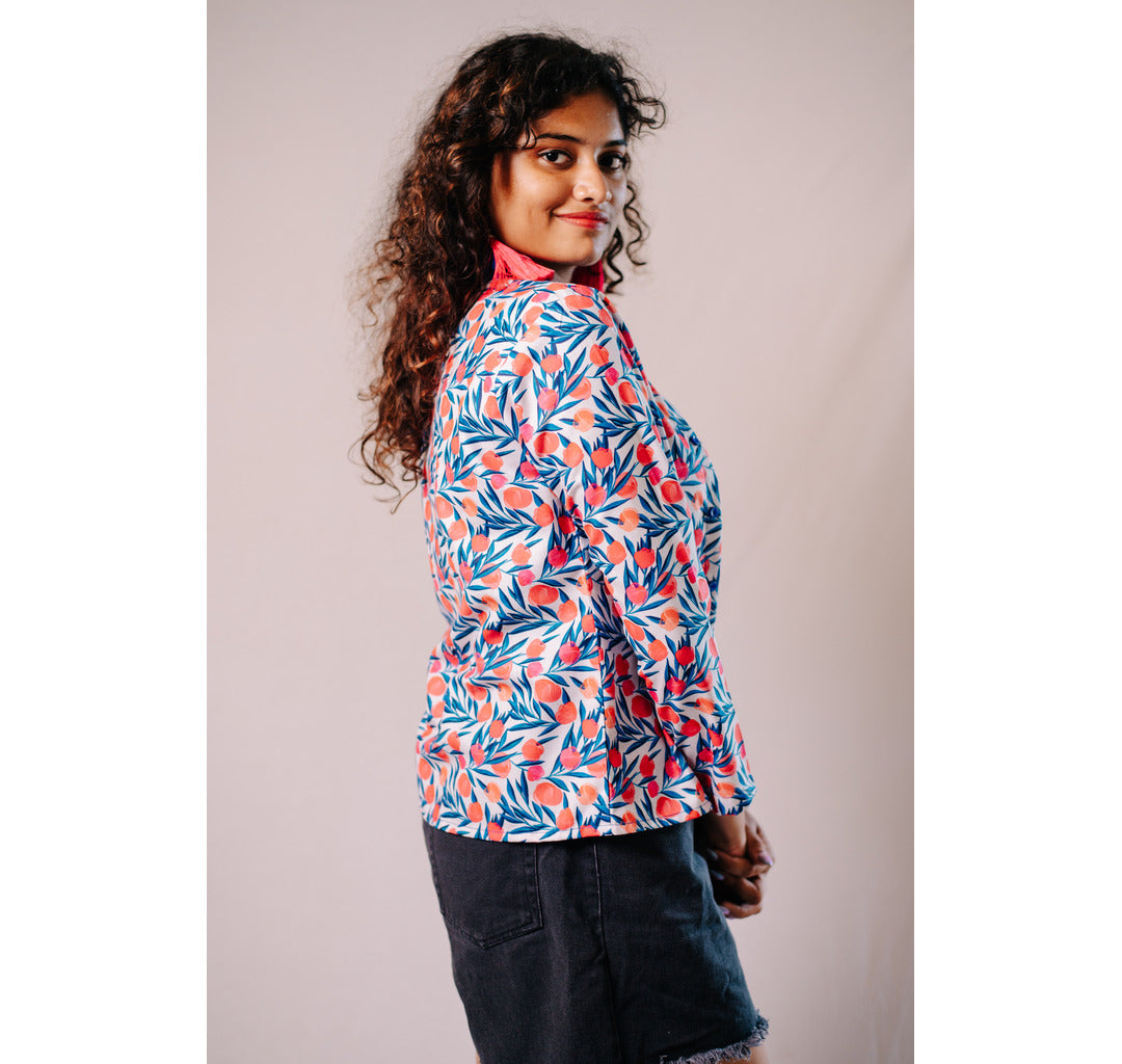 Blue half and half plain and red floral full sleeves women's shirt